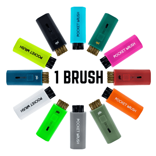 Colorful pocket brushes arranged in a circular pattern on a white background with '1 BRUSH' text.