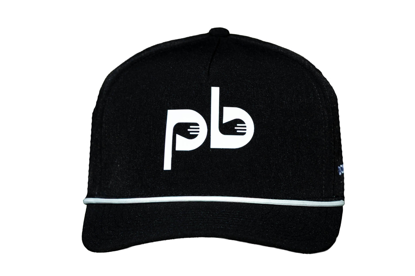 Black cap with white pocket brush logo on a white background