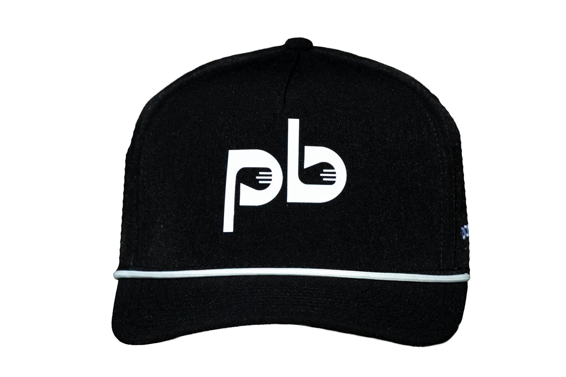 Black cap with white pocket brush logo on a white background