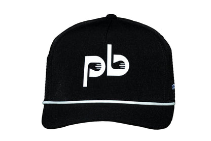 Black cap with white pocket brush logo on a white background