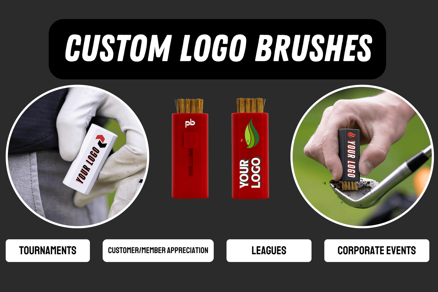 Promotional graphic for custom logo brushes with product images and event types listed.