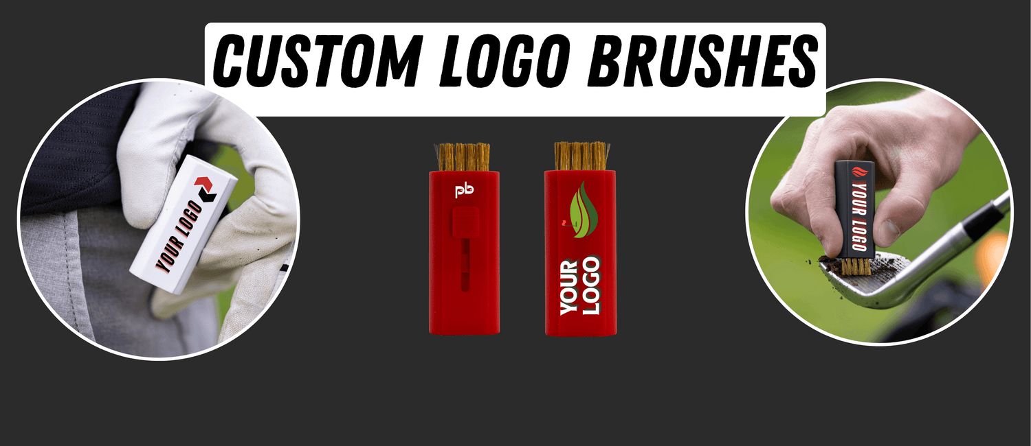 Pocket Brush Club Cleaners are being used to clean golf clubs with the words Custom Logo