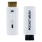 A white Pocket Brush golf club brush and groove cleaner with both the brass and nylon bristles exposed lies on a white background.