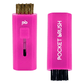 A bright pink Pocket Brush golf club brush and groove cleaner with both the brass and nylon bristles exposed lies on a white background.