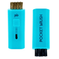 A bright blue Pocket Brush golf club brush and groove cleaner with both the brass and nylon bristles exposed lies on a white background.
