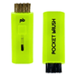 A neon yellow Pocket Brush golf club brush and groove cleaner with both the brass and nylon bristles exposed lies on a white background.