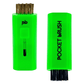 A bright green Pocket Brush golf club brush and groove cleaner with both the brass and nylon bristles exposed lies on a white background.