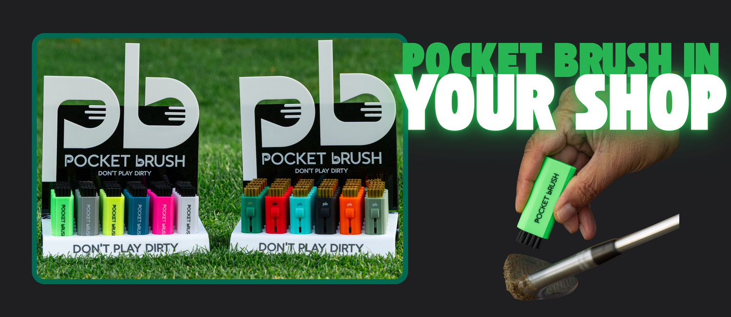 Display of Pocket Brush packaging with a hand holding a brush and text promoting the product to golf shops.