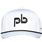 White cap with black pocket brush logo on a white background