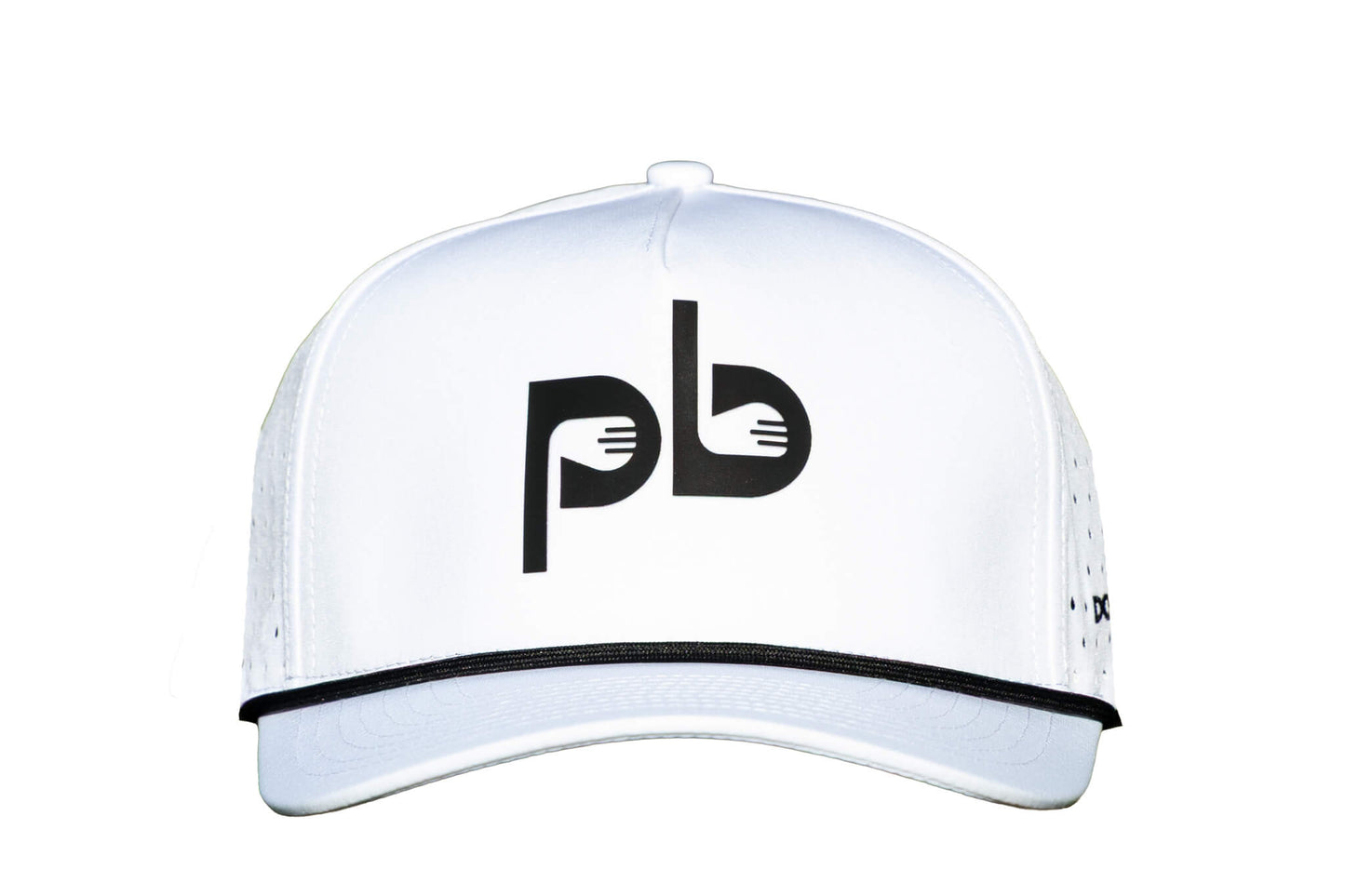 White cap with black pocket brush logo on a white background