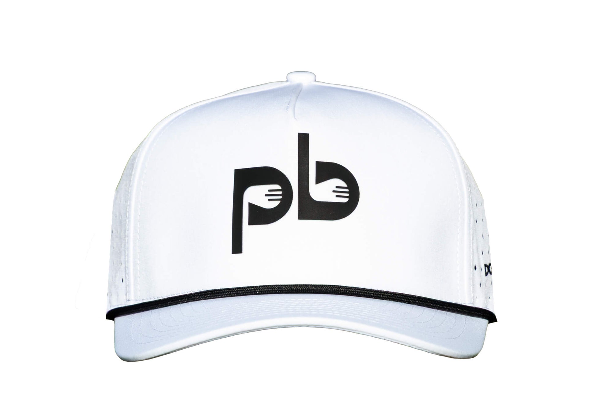 White cap with black pocket brush logo on a white background