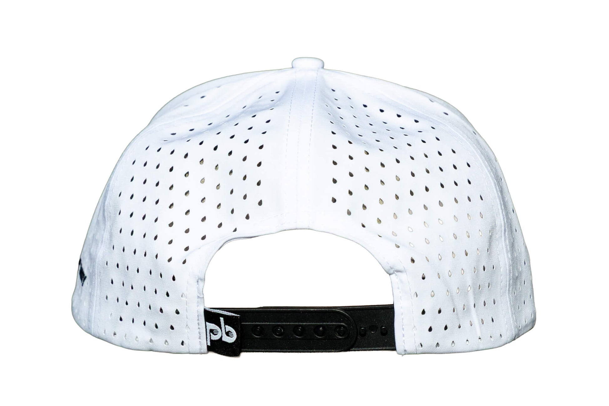 White baseball cap with black pocket brush logo on a white background